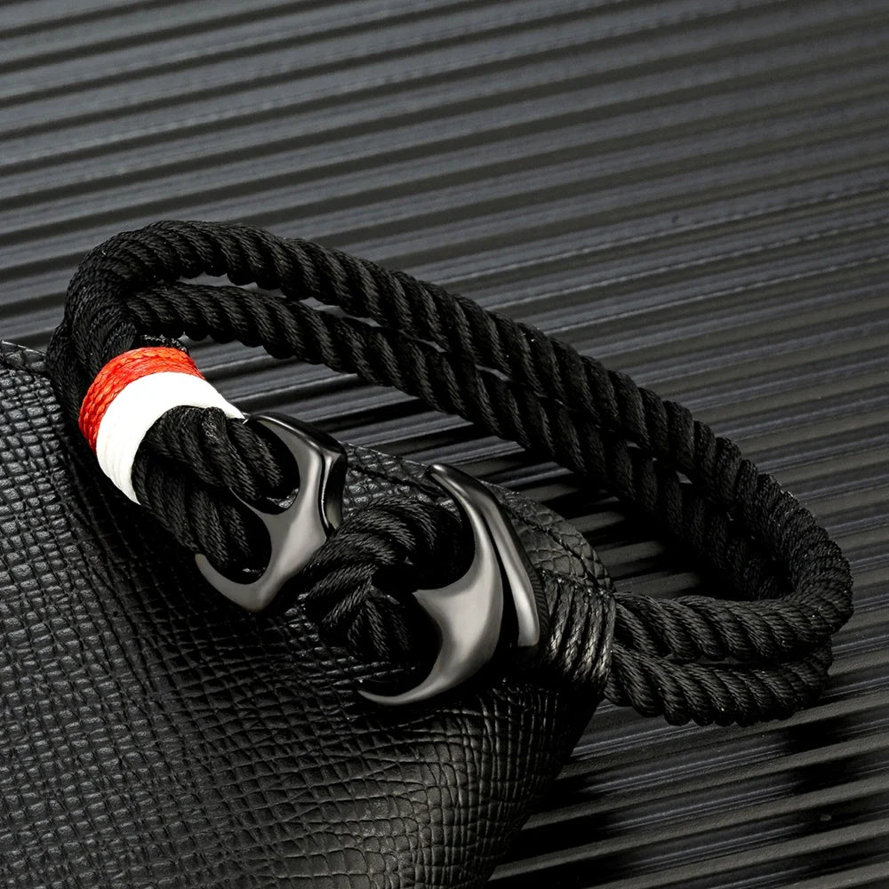 MKENDN Anchor Bracelet – Double Strand Nautical Waterproof Rope with Black Stainless Steel Sport Buckle for Men & Women