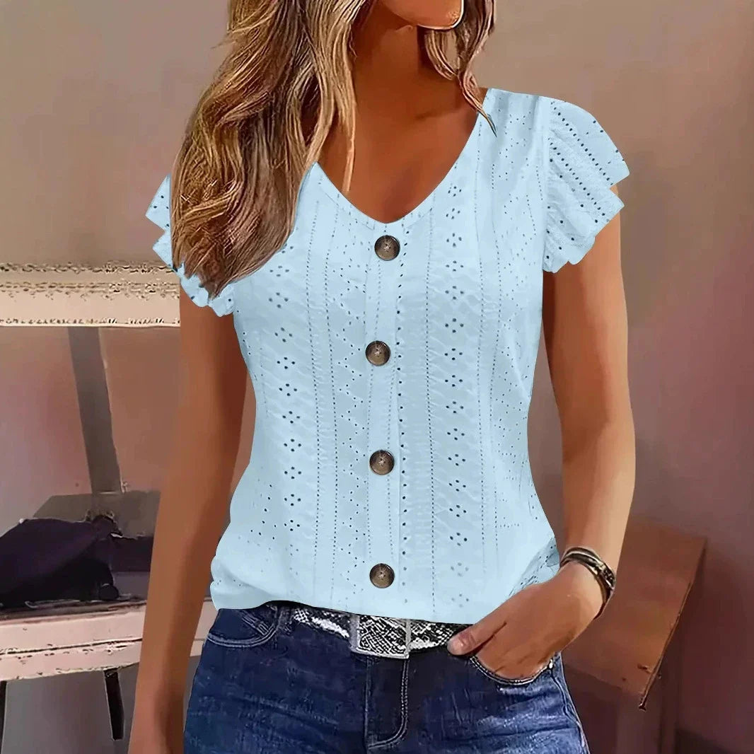 2025 Women’s Spring/Summer Fashion T-Shirt – Stylish Commute Casual V-Neck with Ruffle Sleeves, Solid & Multi-Color Options
