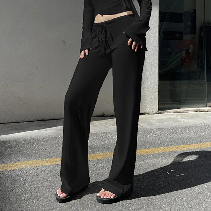 Apprabant Women’s Casual Fashion Set – Drawstring High-Waist Trousers with Plush Loose Pants and Lace-Up Flared Sleeve V-Neck Top