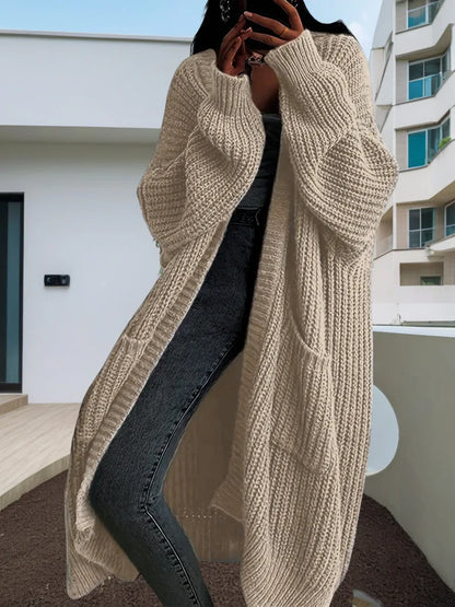 Solid Color Casual Knit Sweater Long Cardigan Coat – Women's Autumn & Winter Lazy Loose Knitwear Coat with Pockets, Y2K Style