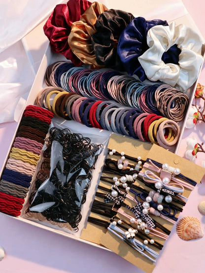 1085PCS Dark Hair Accessories Set - Seamless Ponytail Holders, Scrunchies, Hairbands & Ties for Women
