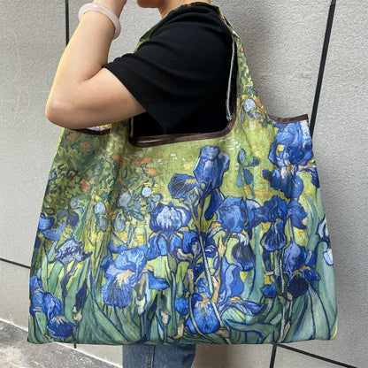 Flower Oil Painting Foldable Shopping Tote Bag – Large Capacity Reusable Portable Shoulder Handbag for Travel, Beach & Grocery Storage
