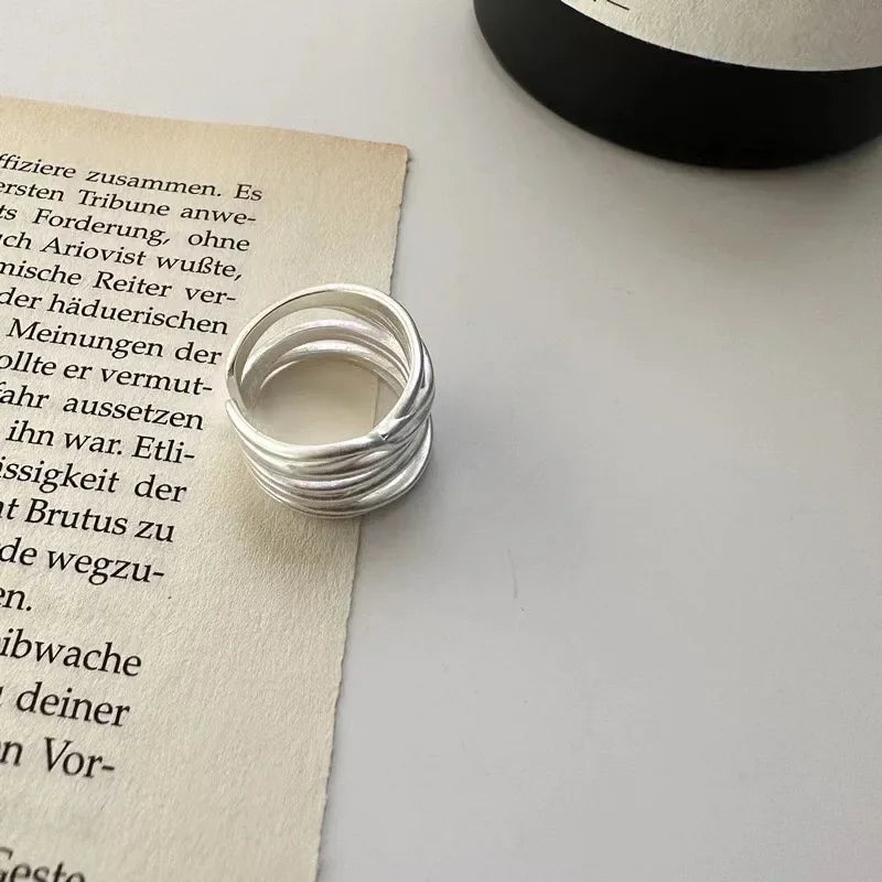 925 Sterling Silver Open Ring — Handmade Geometric Irregular Cross Lines for Women