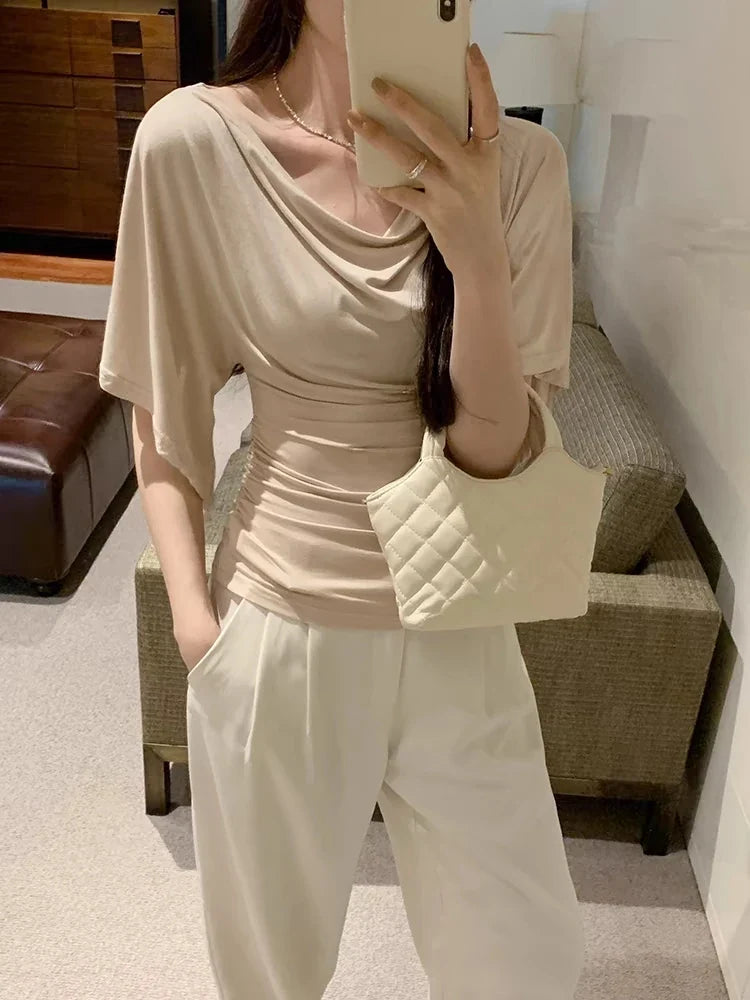 Women’s High Stretch Slash Neck Top - Slim Fit Flare Sleeve Pleated Summer Solid Color T-Shirt