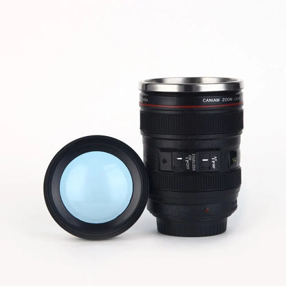 SLR Lens Cup - Camera Lens Model Plastic Casual Cup with Lid EF24-105mm Coffee Mug, White/Black - Creative Gift