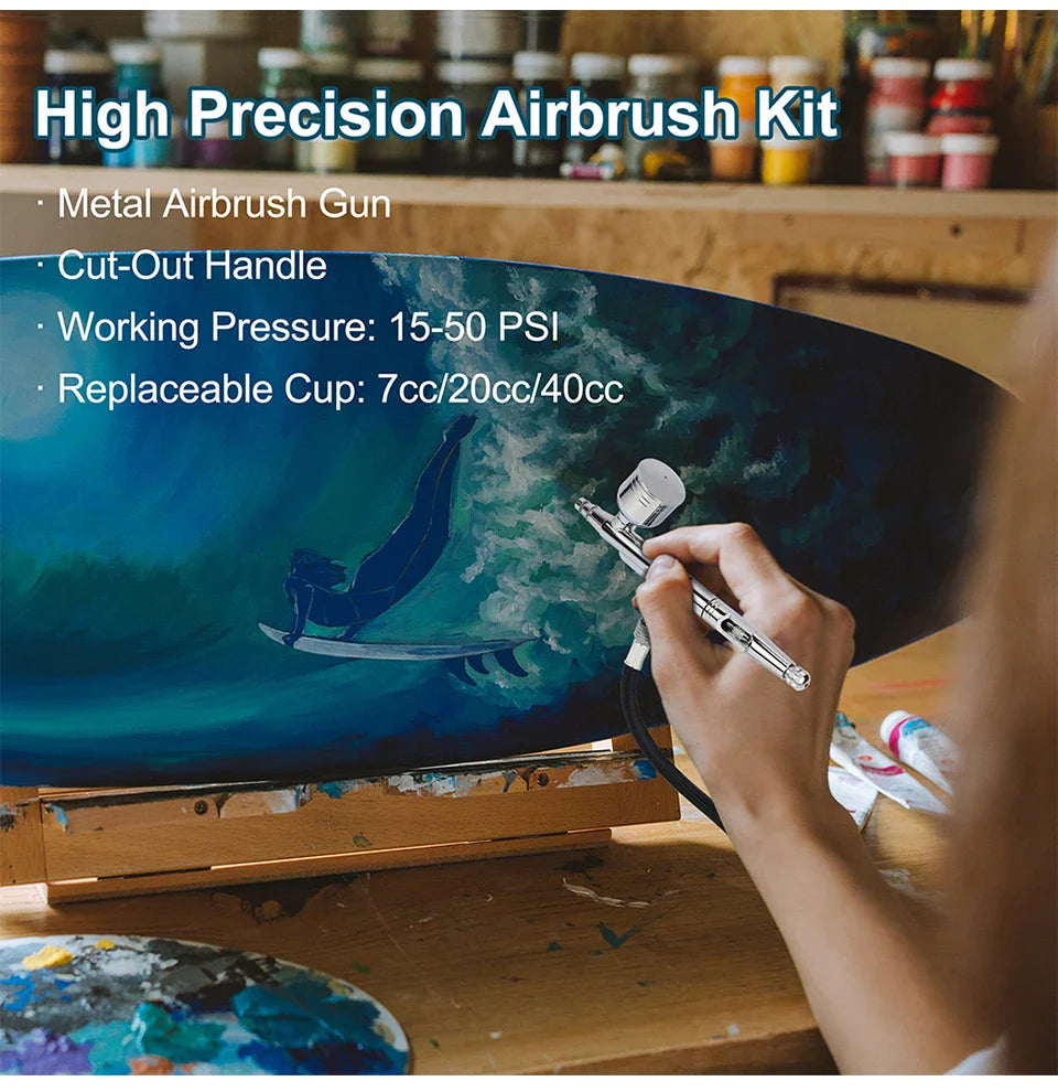 Dual-Action Gravity Airbrush Kit with 0.2/0.3/0.5mm Needles, 7/20/40cc Cups & Cleaning Tools for Makeup, Nail Art, Painting & Car Detailing