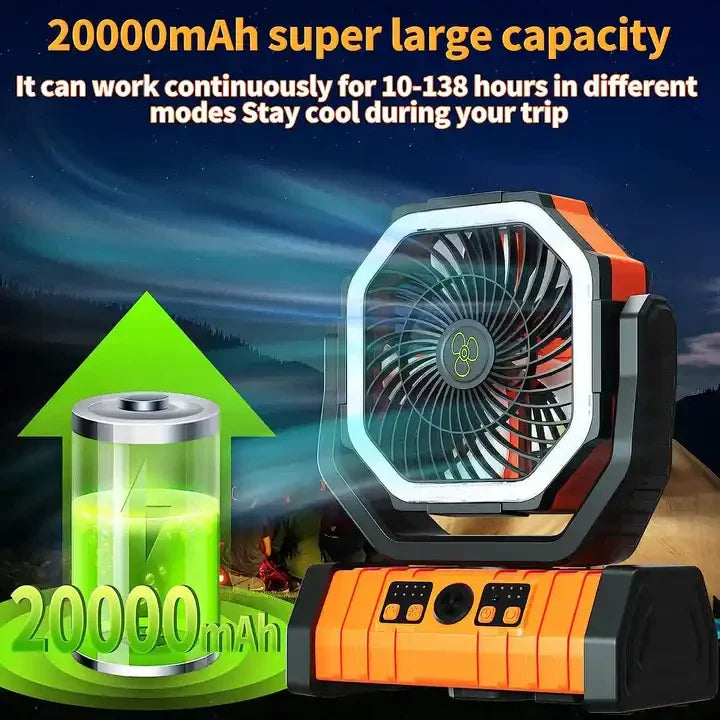 20000mAh Portable Rechargeable Fan — Battery-Operated Desk & Camping Fan with LED Light & Hook for Tent, Car, and Outdoor Trips