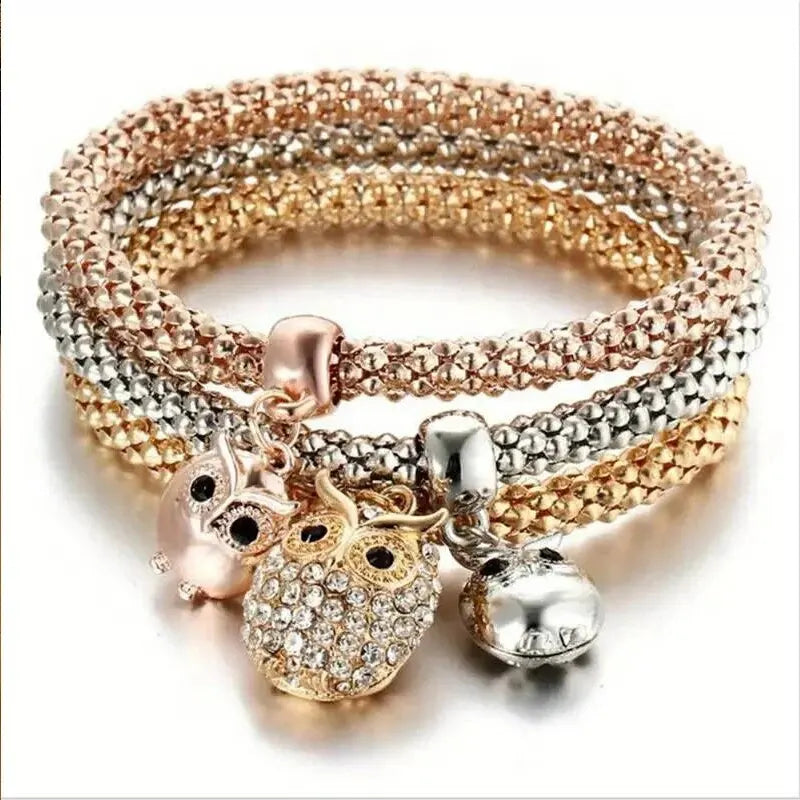 3PCS Women’s Charm Bracelet Set – Heart Lock, Key, Music & Owl Rose Gold & Silver Chain Bangles Jewelry