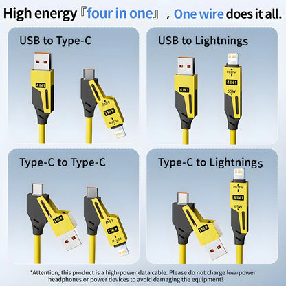 4-in-1 65W Spring Data Cable - 6A USB Type C Telescopic Quick Charger Wire for iPhone 15/14/13/12