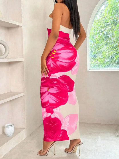 Women’s Sexy Slim Fit Long Dress - Elegant Printed Fashion Dress with Chest Detail and Side Slit Design