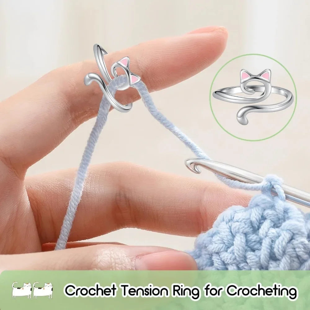 Adjustable Crochet Tension Cat Ring – Beginner Knitting & Crochet Hook Finger Holders, Yarn Guide Winder Tools