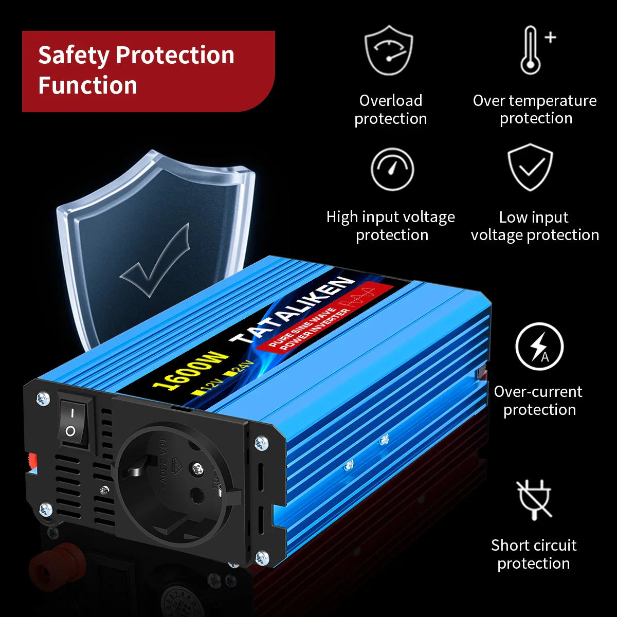 Pure Sine Wave Power Inverter 1000W–4000W – DC 12V/24V to AC 220V 50Hz Converter with Universal Socket Charger Adapter