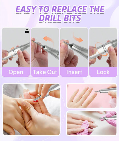 45000RPM Portable Rechargeable Nail Drill Machine – Low Noise Nail Sander & File for Manicure Salon Use