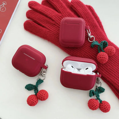 Knitted Red Cherry Pendant Soft Silicone Earphone Case for AirPods Pro 2 & AirPods 1/2/3/4 — Protective Cover with Keychain