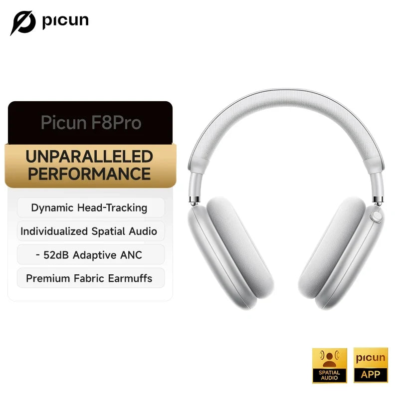 Picun F8 Pro ANC Wireless Headphones - 3D Spatial Audio Bluetooth Headset with HD Mic & Low Latency App Support