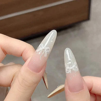 5D White Lace Bowknot Nail Art Stickers – Self-Adhesive Pearl Ribbon Luxury Nail Decals for DIY Manicure Decoration