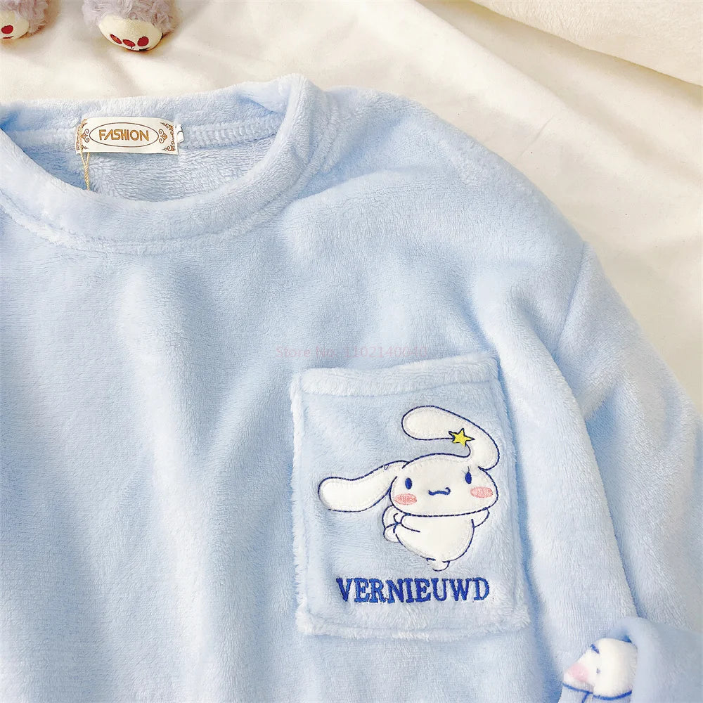 Sanrio Anime Cinnamoroll Pajamas, Kawaii Kuromi and My Melody Flannel Pullover, Coral Velvet Winter Warm Pajamas, Homewear for Girls Gifts