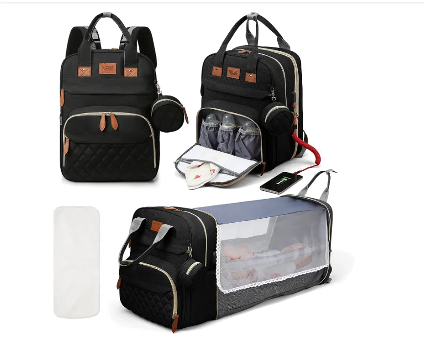 3-in-1 Diaper Bag Backpack – Waterproof Travel Bag with Foldable Baby Bed & USB Charging