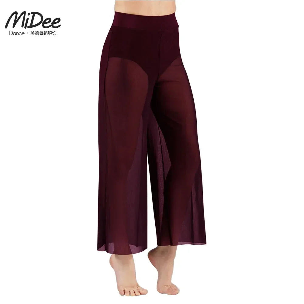 Women’s Lyrical Mesh Wide Leg Dance Pants – High Waist Modern Ballet Palazzo Trousers Contemporary Dance Costume Plus Size