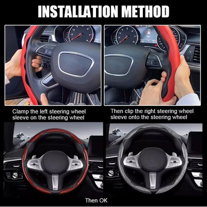 2/3PCS Universal Car Steering Wheel Cover — Laser Carbon Fiber, Silicone & 1K Microfiber Leather, Non-Slip PVC Booster