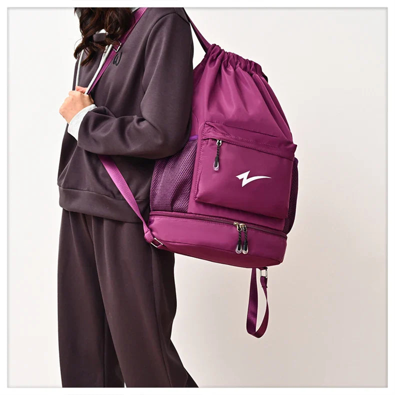 Drawstring Fitness Bag — Lightweight Multi-Pocket Gym Backpack with Separate Shoe Compartment, Foldable Outdoor Training Bag