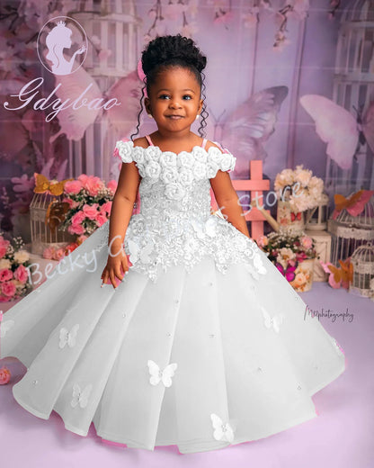 Flower Girl Wedding Dress - Pink Applique Butterfly & Pearl Party Gown