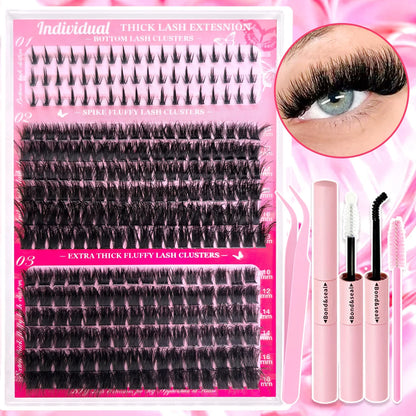Top & Bottom Lash Extension Kit – 250/740 Cluster Fluffy Volume Mix Lengths DIY Eyelash Set for Bold Bombshell & Natural Lash Looks