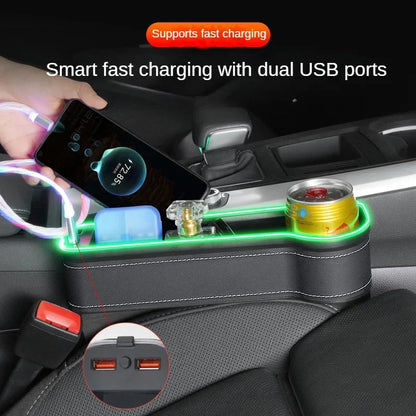 Car Crevice Storage Box with 2 USB Chargers & LED Light – Seat Gap Organizer for Phone, Cards, Bottles, and Cups