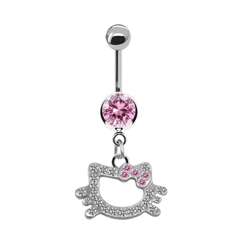 Hello Kitty Belly Button Ring – Trendy Pink Butterfly Cute Cat Navel Piercing Jewelry for Women, Stainless Steel