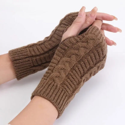Women’s Stylish Winter Fingerless Gloves — Hand Warmer Arm Crochet Knitting Faux Wool Mittens with Twist Pattern