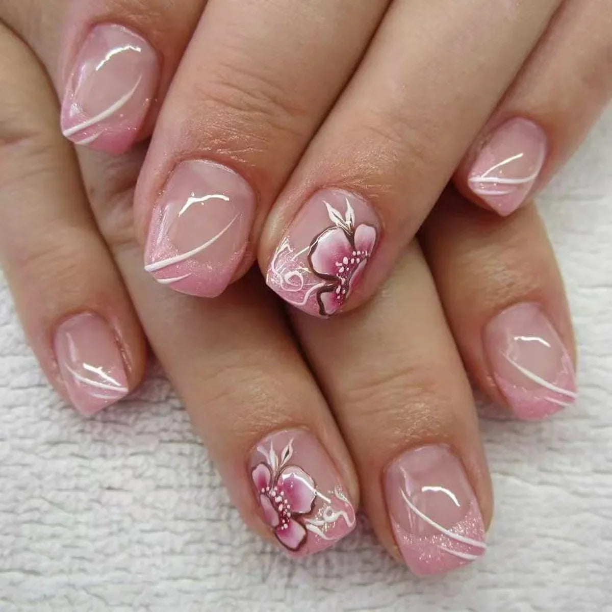 24PCS Short Square Coffin False Nails – French Glitter Acrylic Press-On Nail Tips with Glue, Wearable Fake Nails Set