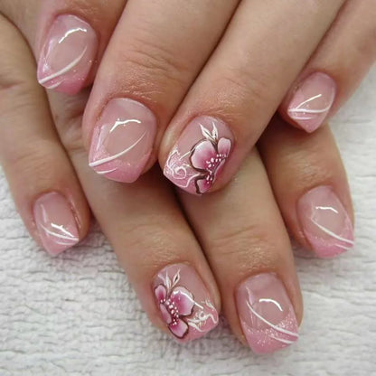 24PCS Short Square Coffin False Nails – French Glitter Acrylic Press-On Nail Tips with Glue, Wearable Fake Nails Set