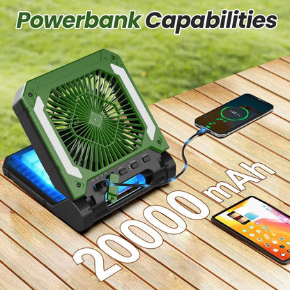 20000mAh Portable Electric Fan with LED Light — USB, Solar & Car Charging for Camping