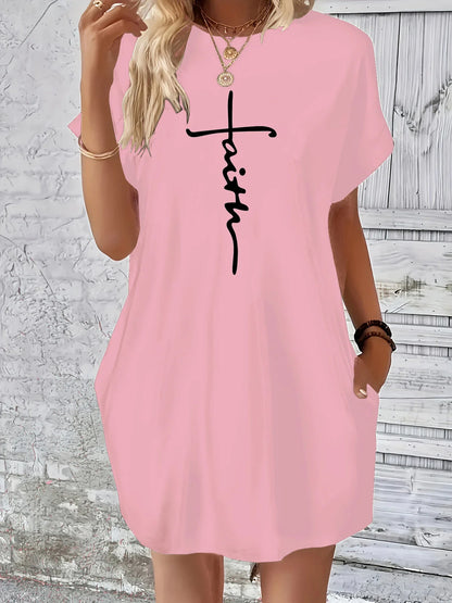 Women’s Plus Size Summer Casual Dress – Loose Fit Cross Faith Print Round Neck Short Sleeve Pocket T-Shirt Dress