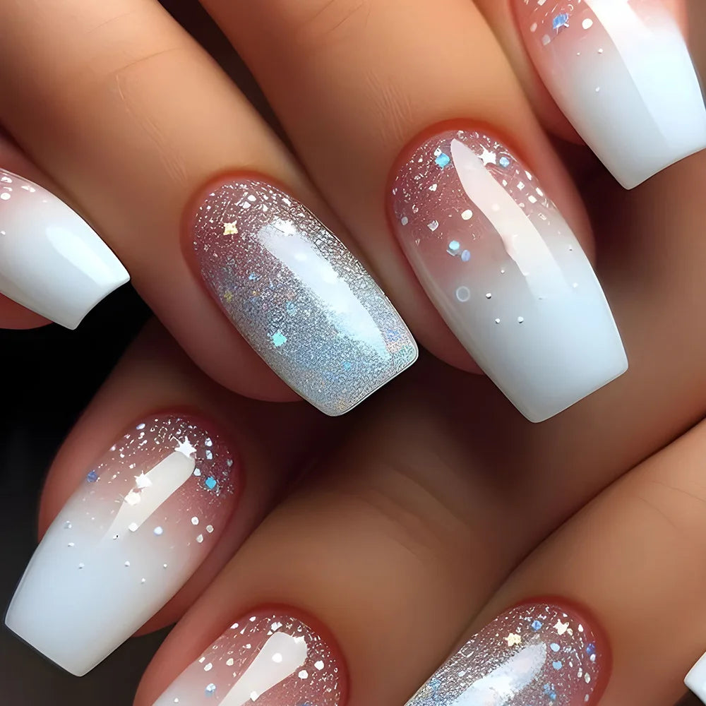 24PCS Short Square Coffin False Nails – French Glitter Acrylic Press-On Nail Tips with Glue, Wearable Fake Nails Set