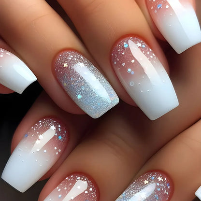 24PCS Short Square Coffin False Nails – French Glitter Acrylic Press-On Nail Tips with Glue, Wearable Fake Nails Set