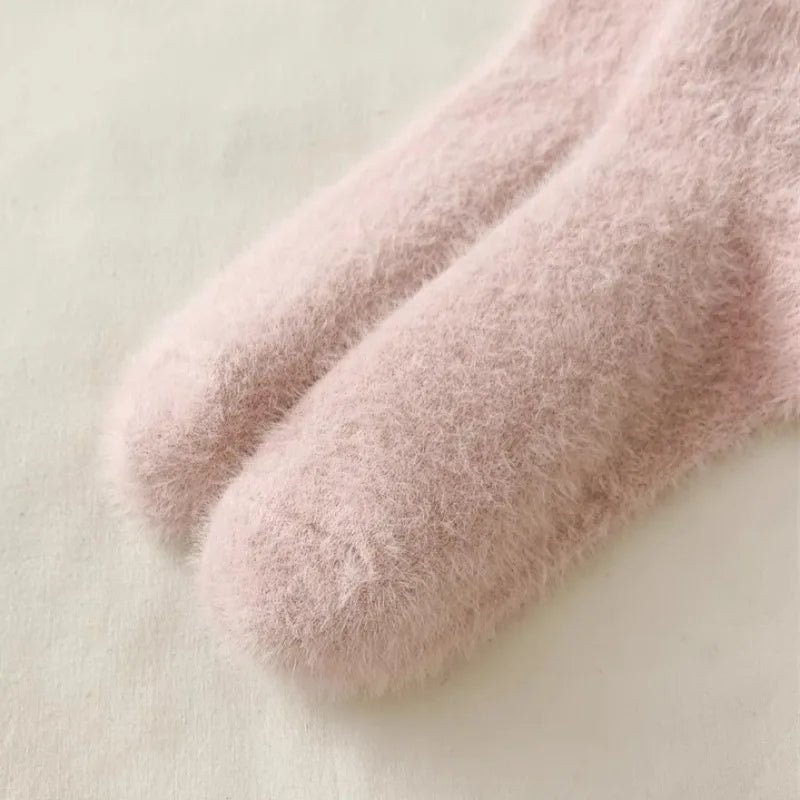 Thickened Pink Mink Fur Heart Embroidered Socks — Women’s Autumn Winter Warm Plush Mid-Tube Home Sleep Socks