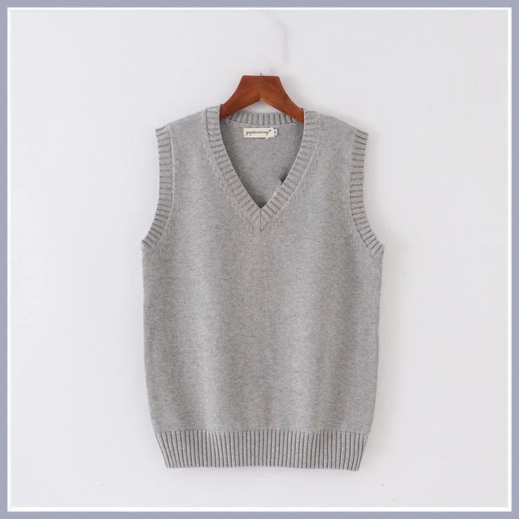Unisex Sleeveless Sweater Vest – V-Neck Preppy Knitted Jumper for Women & Men, Retro Spring Fashion
