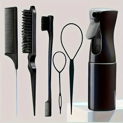 6-Piece Hair Brush Set – Hairdressing Spray Bottle, Braiding Loop, Rat Tail Comb, Teasing & Edge Control Brushes