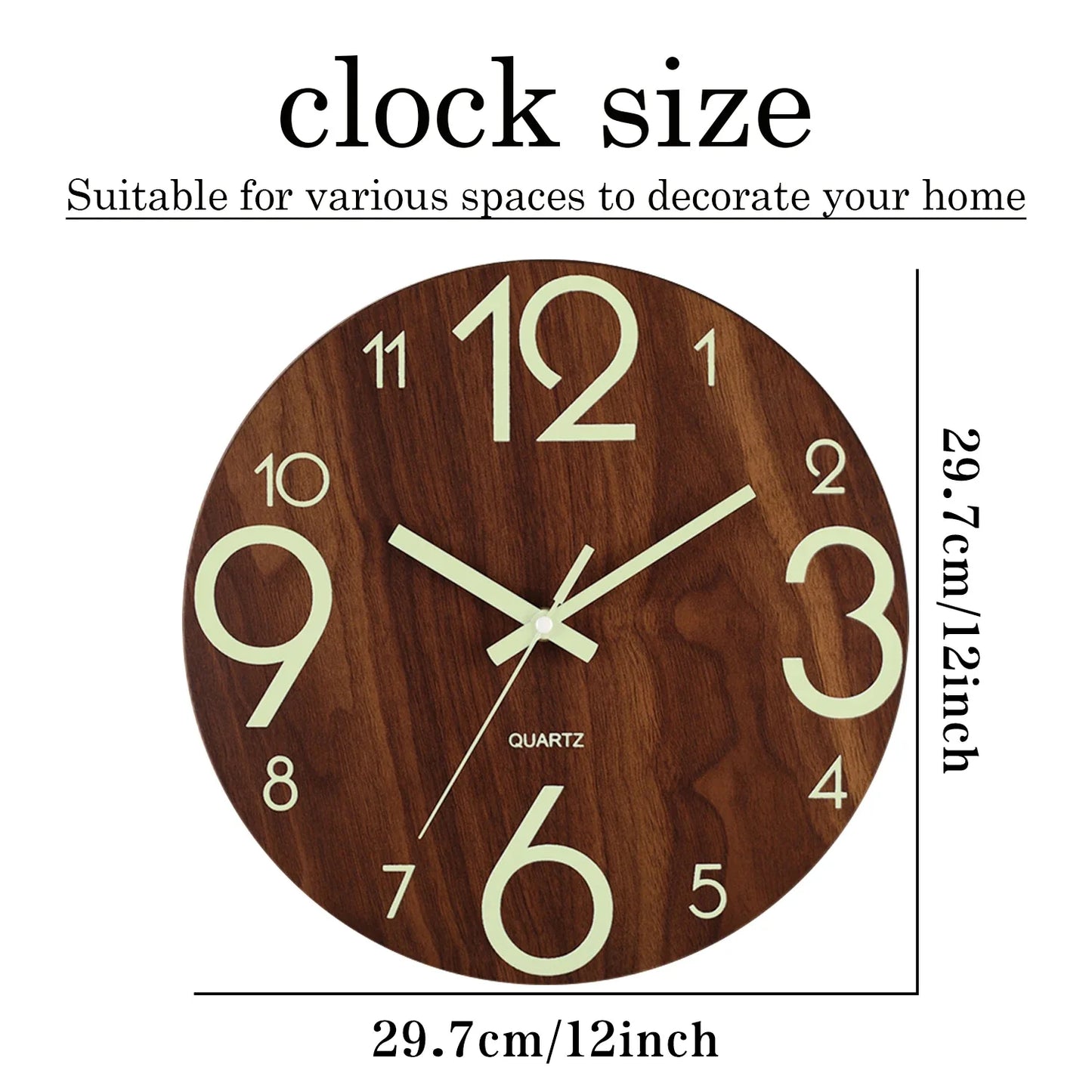 12-Inch Luminous Wall Clock — Nordic Wooden Silent Clock with Night Light, Non-Ticking Design for Dark Room