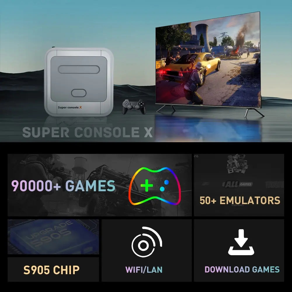 KINHANK Game Box Super Console X – Retro Video Game Console with 90,000 Games, 50 Emulators for PS1/PSP/MAME/DC, Includes Controllers