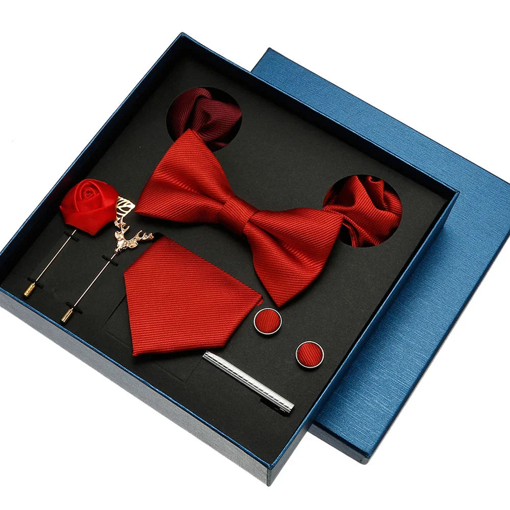 Red & Blue Classic Silk Tie Set for Men - Pocket Square & Cufflinks, Solid Color Necktie for Parties & Weddings