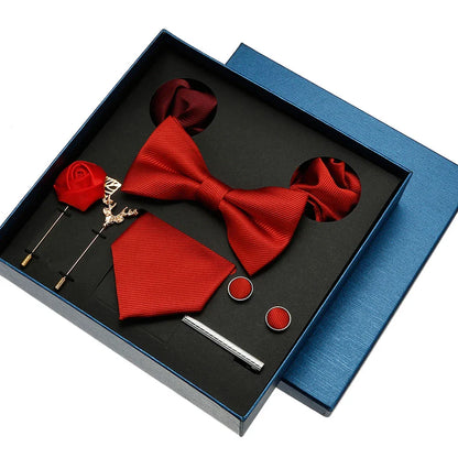 Red & Blue Classic Silk Tie Set for Men - Pocket Square & Cufflinks, Solid Color Necktie for Parties & Weddings