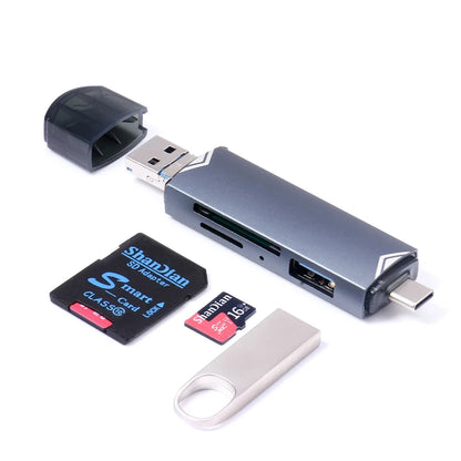 JASTER 6-in-1 USB 3.0 Card Reader – Type-C/USB TF/SD Adapter Flash Drive for Phone & Laptop