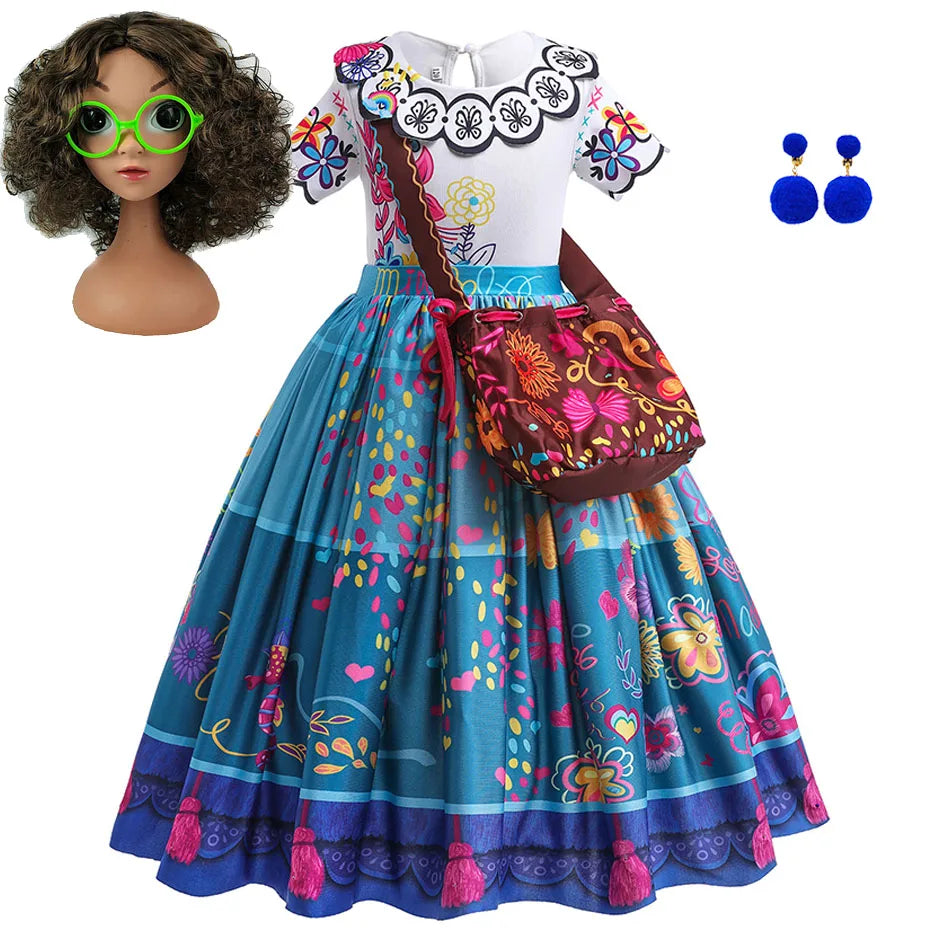 Girls Encanto Princess Costume Dress - Mirabel Printed Flared Halloween Cosplay Outfit for Kids 3-12Y