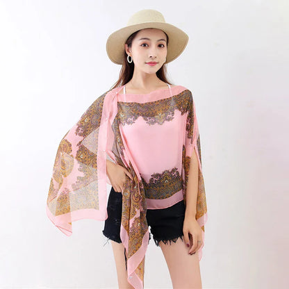 Women’s Summer Beach Shawl – Loose Chiffon Bikini Cover-Up Blouse with Buttons Sun Protection Scarf