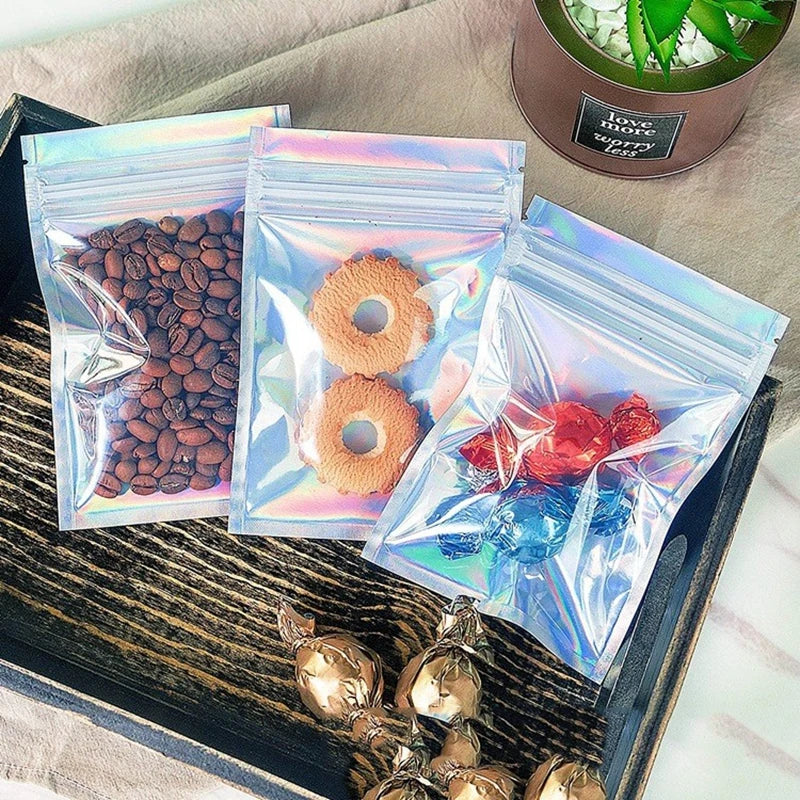 50pcs Thick Smell-Proof Mylar Bags – Holographic Laser Color Plastic Packaging Pouch, Zip Lock for Jewelry & Gifts