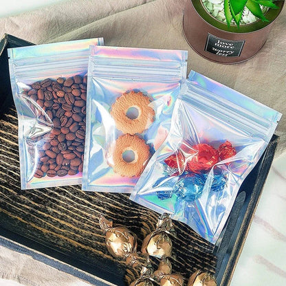 50pcs Thick Smell-Proof Mylar Bags – Holographic Laser Color Plastic Packaging Pouch, Zip Lock for Jewelry & Gifts