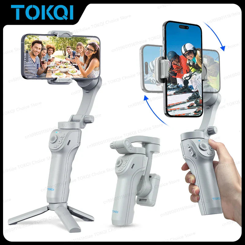 TOKQI M01 3-Axis Handheld Gimbal Stabilizer – Anti-Shake Foldable Holder, Selfie Tripod with Fill Light for iPhone & Smartphones