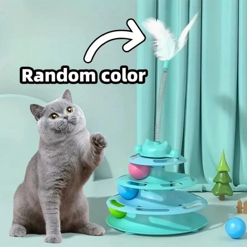 Interactive Cat Toy Tower - Kitten Turntable Track Roller Balls & Feather Training Toy